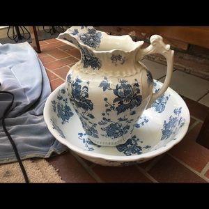 Blue and white pitcher with bowl